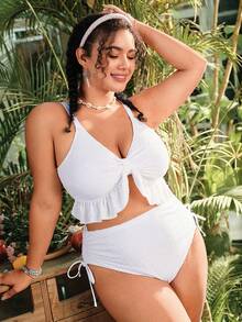 Swim Lushoire Đồ bơi nữ 2 mảnh tách rời vải đặc biệt mới về Xuân/Hè 2026, áo bandeau sexy có đệm tháo rời, dây đeo điều chỉnh, viền bèo, quần tam giác cạp cao dây rút, phong cách casual cho đi biển nghỉ dưỡng - trắng - Xem 3