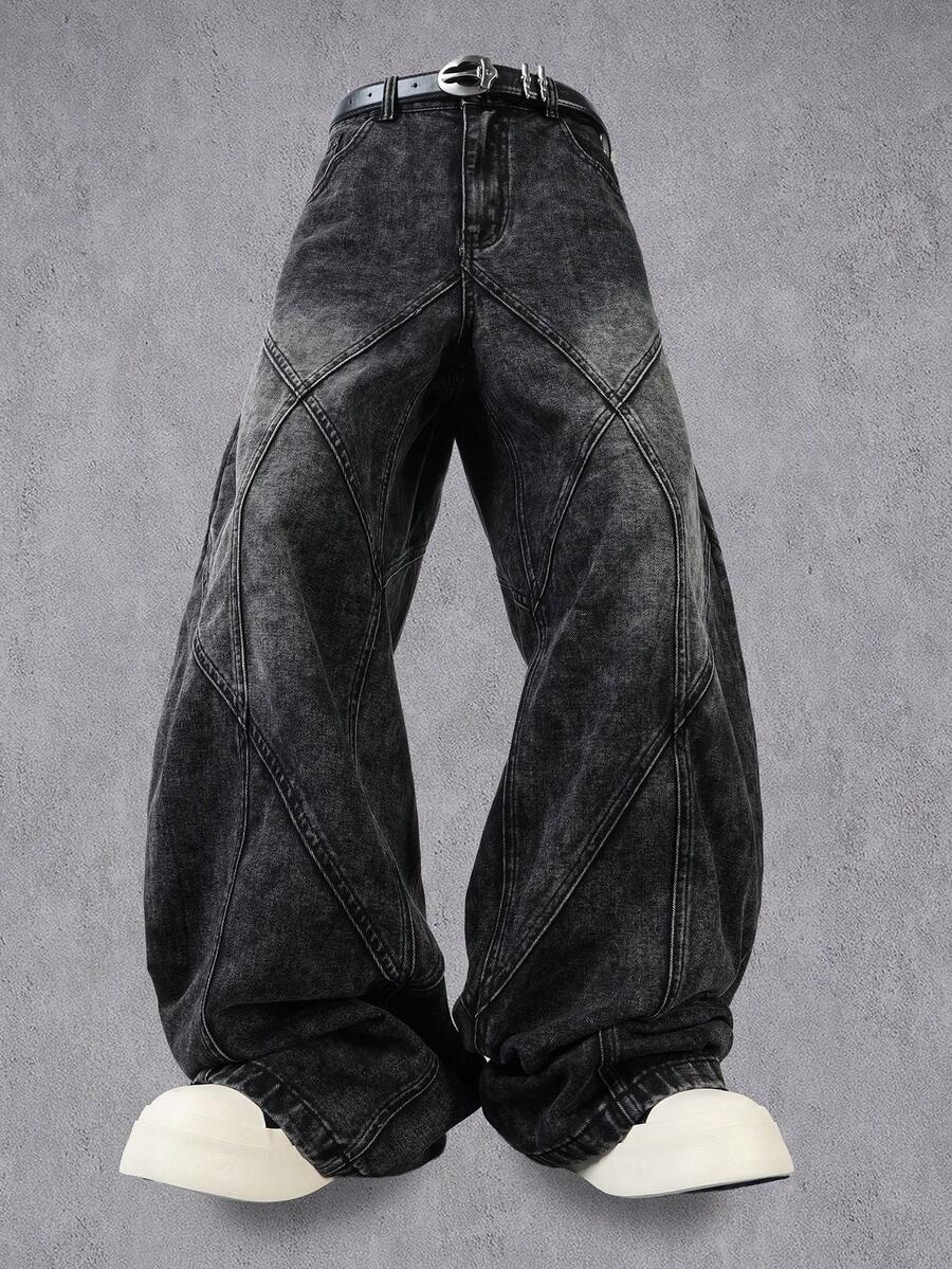 Manfinity Denimwave 新品大尺寸結構主義黑色弧形刀鋒寬鬆版牛仔褲 - 黑色 - 查看 1