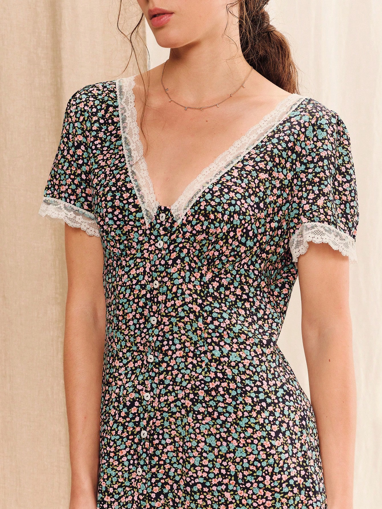 Black V-Neck Floral Mini Dress Summer Holiday Work Dress Vintage French Dress