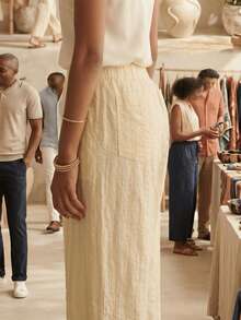 Pantalones de Pierna Ancha a Rayas de Lino Ligero - Estilo Casual de Verano con Cintura Elástica - Amarillo - Ver 3