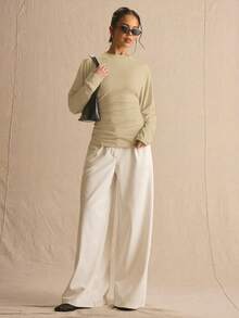 MUSERA Cinched Ruched Waist Batwing Long Sleeve Top Spring Summer Cute Cosy Cottage Core Spring Dew Spring Outfit Office - Khaki - View 5