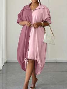 Maweii Vestido de Talla Grande con Diseño de Bloques de Color, Bajo con Cordón, Cuello Solapa y Mangas Linterna - Rosa - Ver 7