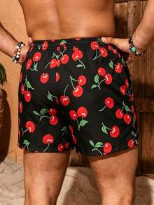 Azuldrift Men's Beach Summer Cherry Print Drawstring Shorts Holiday / Vacation / Beach / Hawaii / Tropical / Swim /  Bathing - Black - View 3