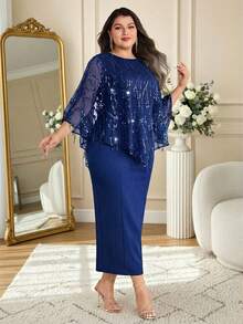 Modelyn Set 2 Potong Elegan untuk Wanita Ukuran Plus dengan Atasan dan Gaun Model Batwing Jala Berpayet - Royal Blue - View 7