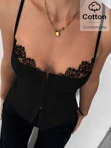 Siren Gaze Tank Top Tanpa Lengan Wanita Elegan dengan Detail Renda Kontras, Minimalis, Serbaguna, Warna Polos, Musim Panas - Hitam - View 4