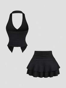 Sweetra Setelan 2 Potong Atasan Crop Top V-Neck Tanpa Punggung Seksi & Rok Mini Dekorasi Kancing Logam Vintage, Kasual untuk Liburan, Kencan, Gaya Eropa dan Amerika - Hitam - View 2
