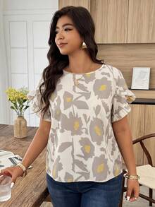 Weeklong Plus Size Women's Spring/Summer Ruffle Petal Sleeve Striped Print Casual Vacation Shirt - Multicolor - View 5
