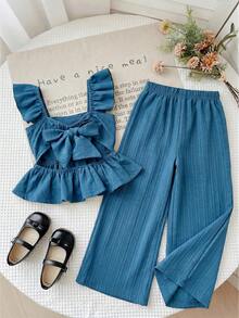 LMoss Kids Conjunto de top de manga corta y pantalones cortos en color rojo, adecuado para niños pequeños en primavera, verano y otoño, con diseño de lazo en la espalda - Azul - Ver 6