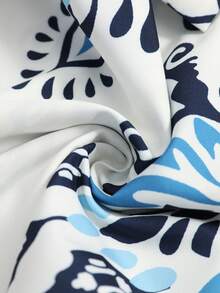 SHEIN LUNE CURVE 大码图腾印花两件套，上衣+裤子，适合通勤、休闲穿着，春夏款 - 藍白色 - 查看 8