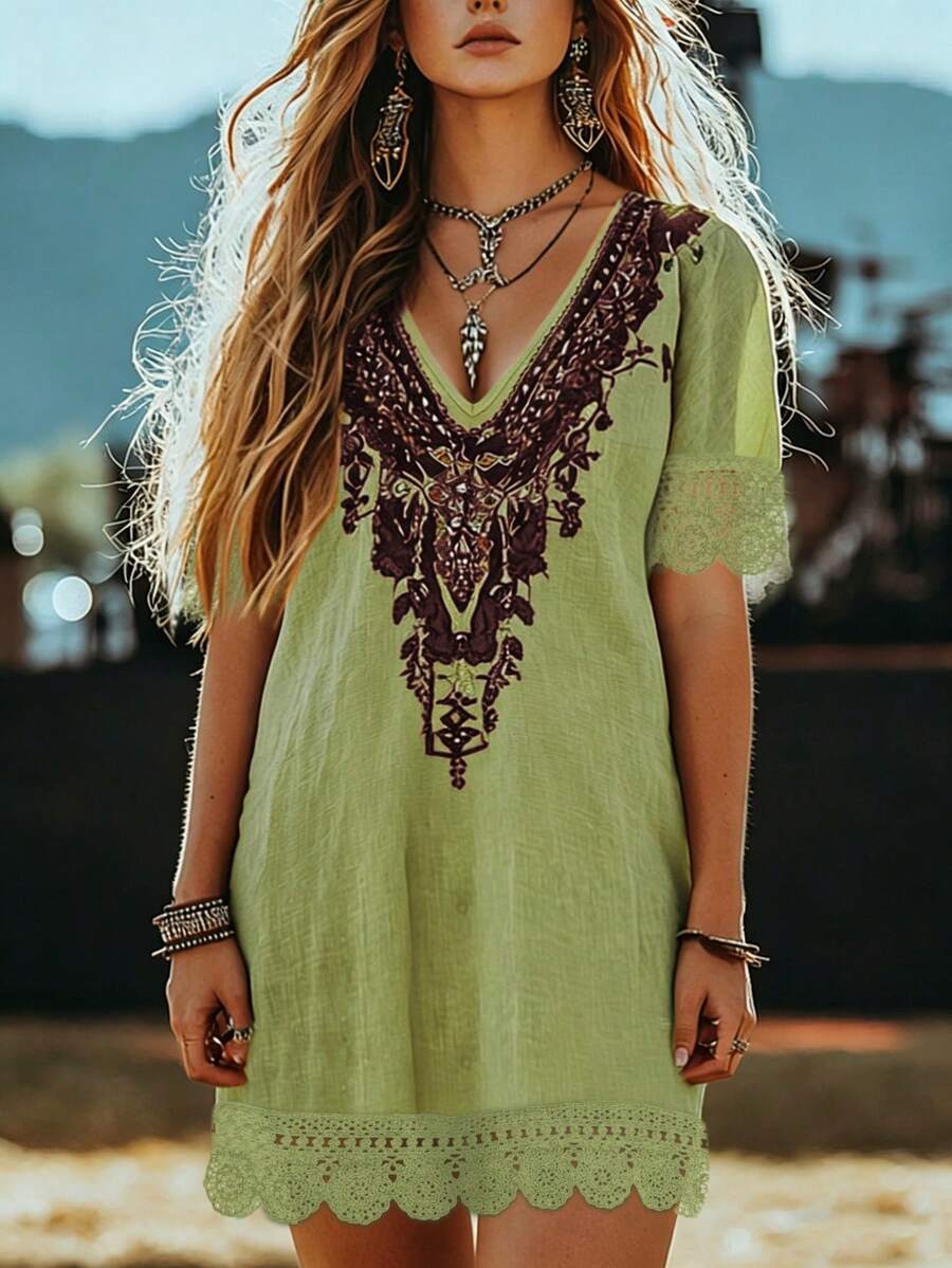 EMERY ROSE Dark Green Summer Boho Vacation Holiday Women's Plus Size V-Neck Short Sleeve Print Dress,Lace Trim Elegant Casual Fashion Resort Beachwear Everyday - Mint Green - View 1