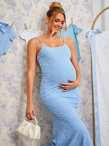 Loomaby Vestido elegante de tirantes finos con encaje floral y bajo de cola de pez para maternidad - Azul - Ver 11