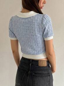 DAZY Contrast Collar Puff Sleeve Polo Tee - Blue - View 10