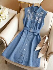 GlowEve Đầm denim nữ không tay, cài cúc phía trước, họa tiết hoa, phong cách thường ngày. - Màu xanh lam - Xem 1