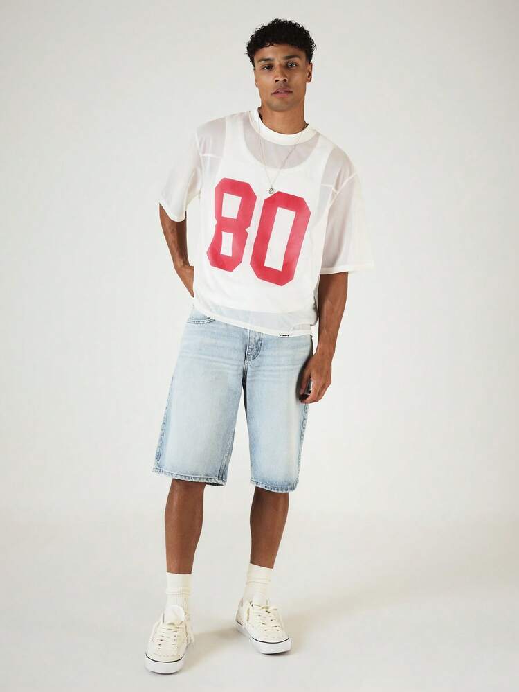 Maglietta oversize in rete con stampa del numero 80, girocollo, maniche corte, top estivo