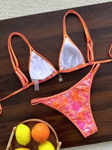 Swim Mod Women's Spring/Summer Random Print Double Shoulder Strap Metal Decor Bikini Set - Multicolor - View 3
