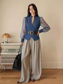 DAZY Women's Fashion Mesh Sleeve Denim Top Office Blue Autumn Smart Casual Elegant - White - View 3