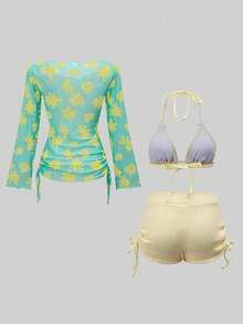 ROMWE Avant 26SS Spring/Summer Sexy Tropical Bikini Triangle Cup Briefs With Floral Cover-Up 3 PiecesSwimwear Set Vacation Turquoise Yellow - Multicolor - View 8