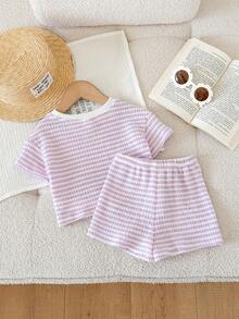LMoss Kids Set 2 Potong Baju dan Celana Pendek Rajut Bergaris Leher Bulat untuk Bayi Perempuan - Mauve Purple - View 2