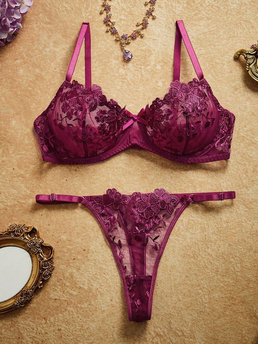 PinupPomp 2 piezas Conjunto de lencería de mujer con bordado de malla - Rojo violeta - Ver 1