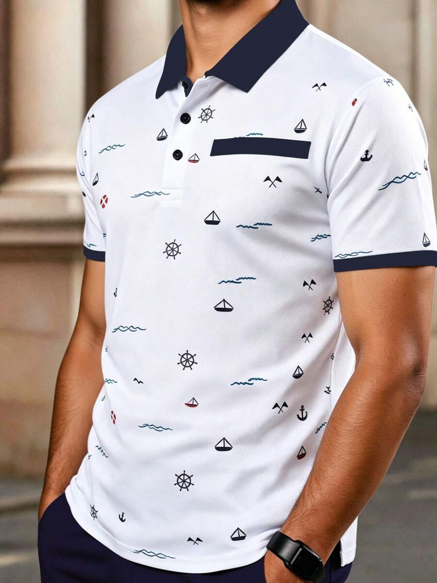 Manfinity Homme 男士夏季休閒印花拼接撞色鈕扣 Polo 衫 - 白色 - 查看 1