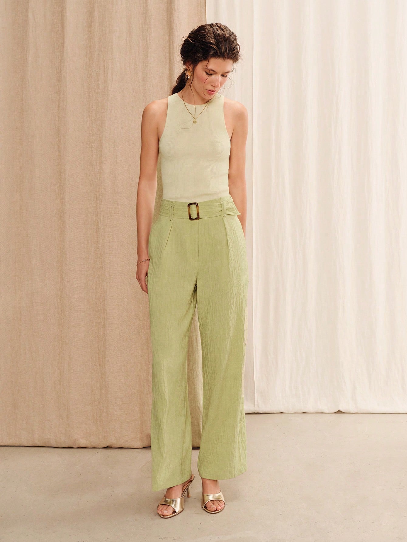 Green High-Waisted Wide-Leg Pants With Belt And Buckle Summer Cute Business Casual Pants