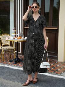 Momance Printed Polka Dot Split Long Ruffle Sleeve Casual Maternity Dress - Black and White - View 5