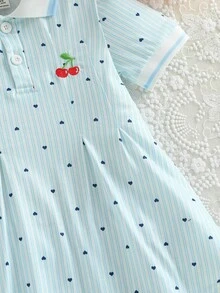 SHEIN 女嬰夏季簡約條紋愛心印花小櫻桃刺繡POLO領洋裝，適合外出、度假、玩耍與日常穿著 - 彩色 - 查看 9