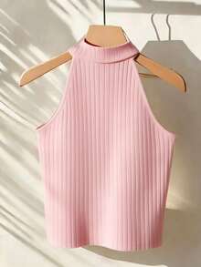 SuriyaCove Camiseta de tirantes ajustada de unicolor acanalada para mujer - Rosa - Ver 2