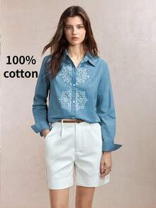 BizChic Áo sơ mi nữ màu xanh có cổ, thêu, mở trước ngực đơn, thanh lịch, thường ngày, đi làm, hẹn hò, Ngày Độc lập, mùa tốt nghiệp, lễ hội âm nhạc, tôn dáng, thanh lịch, đa năng, cao cấp, mùa hè - Màu xanh lam - Xem 4