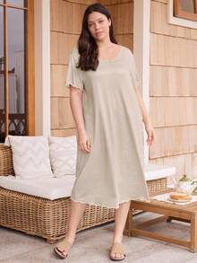 Doze Lane Classic Striped Frill Trim Backless Short Sleeve Casual Loose Dress, Plus Size Nightgown - Multicolor - View 5