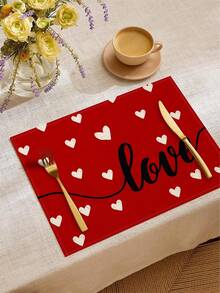 1/4/6PCS Polyester Stain Resistant Non Slip Washable Red Pink Heart Love Decor Placemat Dining Mat For Valentine Day Home Restaurant Dining Table Decor Household Items - Red - View 6