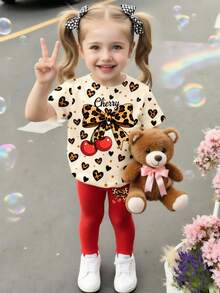 女童春夏休閒時尚套裝，創意個性清新簡約可愛，豹紋、愛心、波點、豹花紋、蝴蝶結、櫻桃造型、字母標語圖案印花，基本款短袖T恤與長褲套裝，舒適日常穿著，適合春夏秋季女童氛圍穿搭 - 彩色 - 查看 4