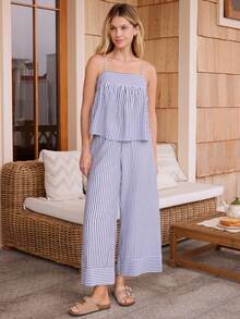 Doze Lane Blue And White Stripe Print Camisole Top And Pants Women Pajama Set Lounge Vacation Summer Casual Tropical - Blue and White - View 3