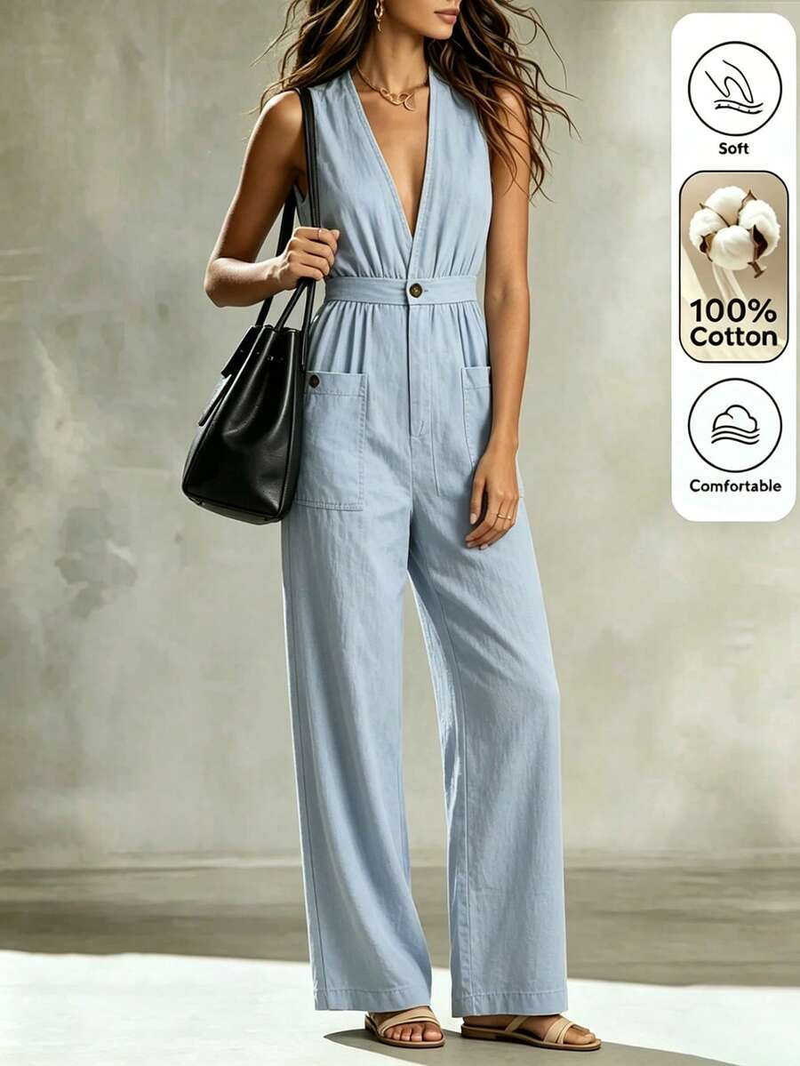 SHEIN LUNE CURVE Cotton Casual Jumpsuit With Pockets, V-Neck, Suitable For Commuting, Vacation, Plus Size, Spring/Summer/Autumn Beach Vacation Light Blue - Blue - View 1