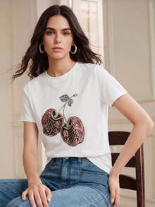 Anewsta Damen Rundhals Shirt mit Strass-Kirschprint, vielseitig tragbar für den täglichen Gebrauch, Kurzarm - Weiss - Übersicht 2