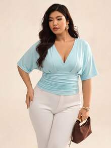 Auralis Deep V-Neck Mint Green Plus Size Short-Sleeved T-Shirt With Gathered Waist For A Slimming Effect, Perfect For Summer Commuting And The Workplace. - Mint Blue - View 6