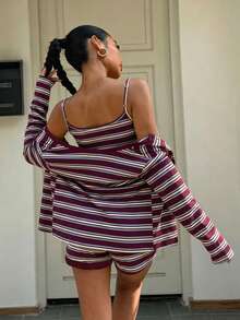 Muchica Ensemble décontracté femme en tricot rayé bordeaux, composé d'un débardeur, d'une veste et d'un short, adapté pour le printemps et l'été - Multicolore - Voir 2