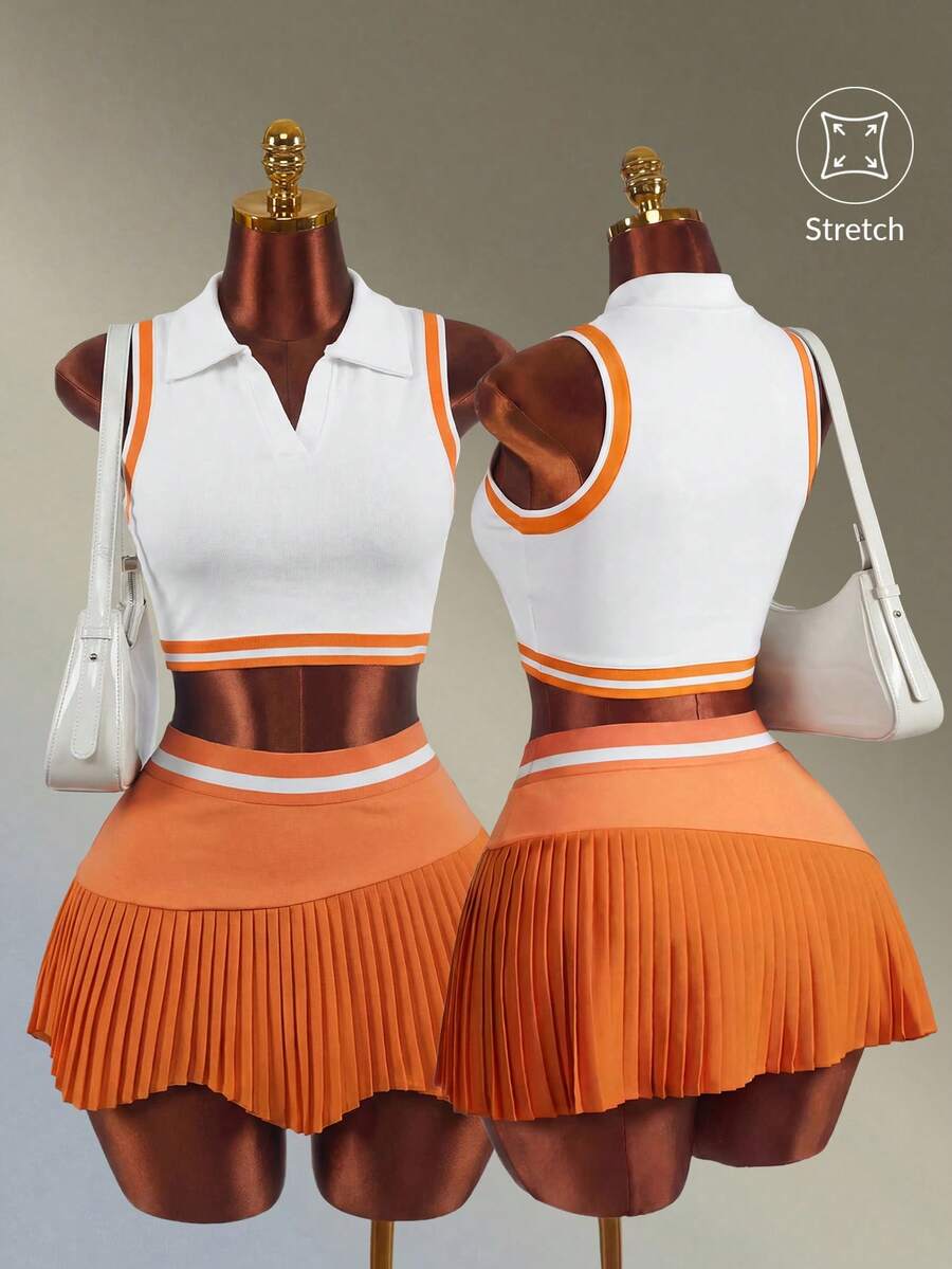 Amplova 女款拼色極簡日常橘色夏季網球裙褲，老錢風時尚運動服，適合日常外出休閒健身與運動休閒穿搭