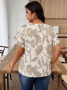 Weeklong Plus Size Women's Spring/Summer Ruffle Petal Sleeve Striped Print Casual Vacation Shirt - Multicolor - View 2