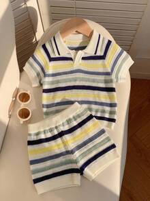 SHEIN 2件/套 嬰兒男童女童夏季休閒黃藍條紋 Polo 套裝，針織套裝，毛衣套裝，涼感套裝，嬰兒男童套裝 - 彩色 - 查看 1