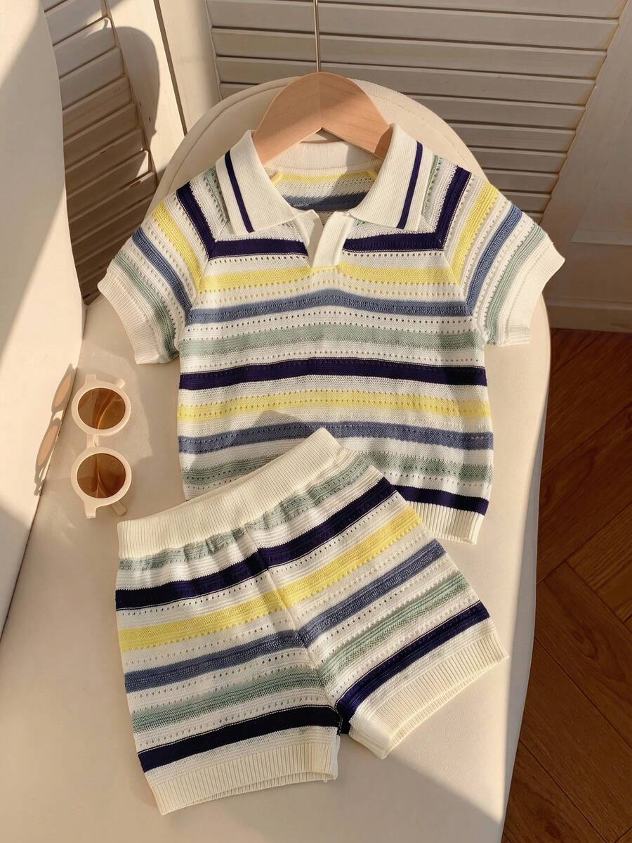 SHEIN 2件/套 嬰兒男童女童夏季休閒黃藍條紋 Polo 套裝,針織套裝,毛衣套裝,涼感套裝,嬰兒男童套裝 - 彩色 - 查看 1