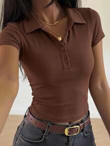 DAZY 女款翻領短袖修身性感休閒套頭街頭風T恤 夏季 - 棕色 - 查看 3