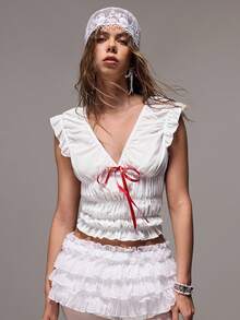 Sweetness Women's Sexy Cute Sexy Lace-Up Ruched Top Vacation Red And White Summer - White - View 3
