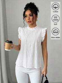 SHEIN 白色亞麻色藍色荷葉邊裝飾荷葉領短袖飄逸袖優雅女式襯衫 - 白色 - 查看 3