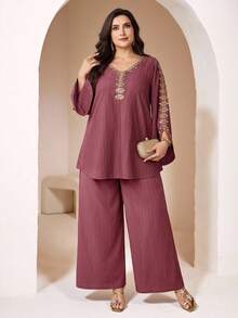 Veilorie Plus Size Women V-Neck Ruffle Splice Flare Sleeve Top And Wide Leg Pants Casual Daily 2 Pieces Set - Red - View 4