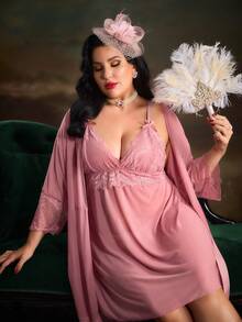 PinupPomp Plus Contrast Lace Mesh Robe & Cami Dress PJ Set / Pajama Set - Dusty Pink - View 1