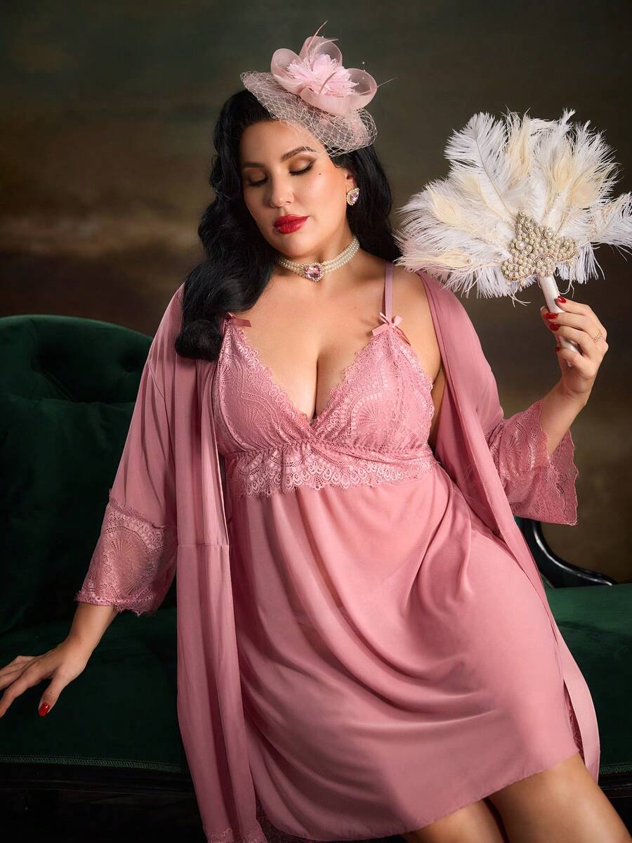 PinupPomp Plus Contrast Lace Mesh Robe & Cami Dress PJ Set / Pajama Set - Dusty Pink - View 1