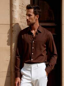 Officeau Men's Dress Shirt Long Sleeve Button Up Shirt Solid Brown Shirt For Wedding Office Work Formal Party Old Money Style Gift For Father Boyfriend, Minimalist Shirts, For Fall, Men's Dress Shirt Spring To Summer - Coffee Brown - View 6