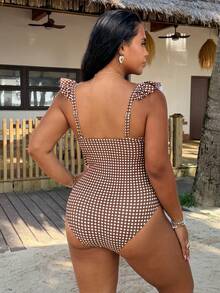 Swim Vcay 2026 New Women's Plus Size One-Piece Ruffle Hem Coffee Color Small Check V-Neck Design Waist Gathered Tummy Control Slimming Triangle Bottom Swimsuit - Coffee Brown - View 2