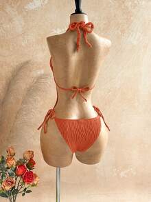 Soleia Women's Deep V-Neck Vertical Striped Textured Halter Neck Tie One-Piece Swimsuit - Burnt Orange - View 2